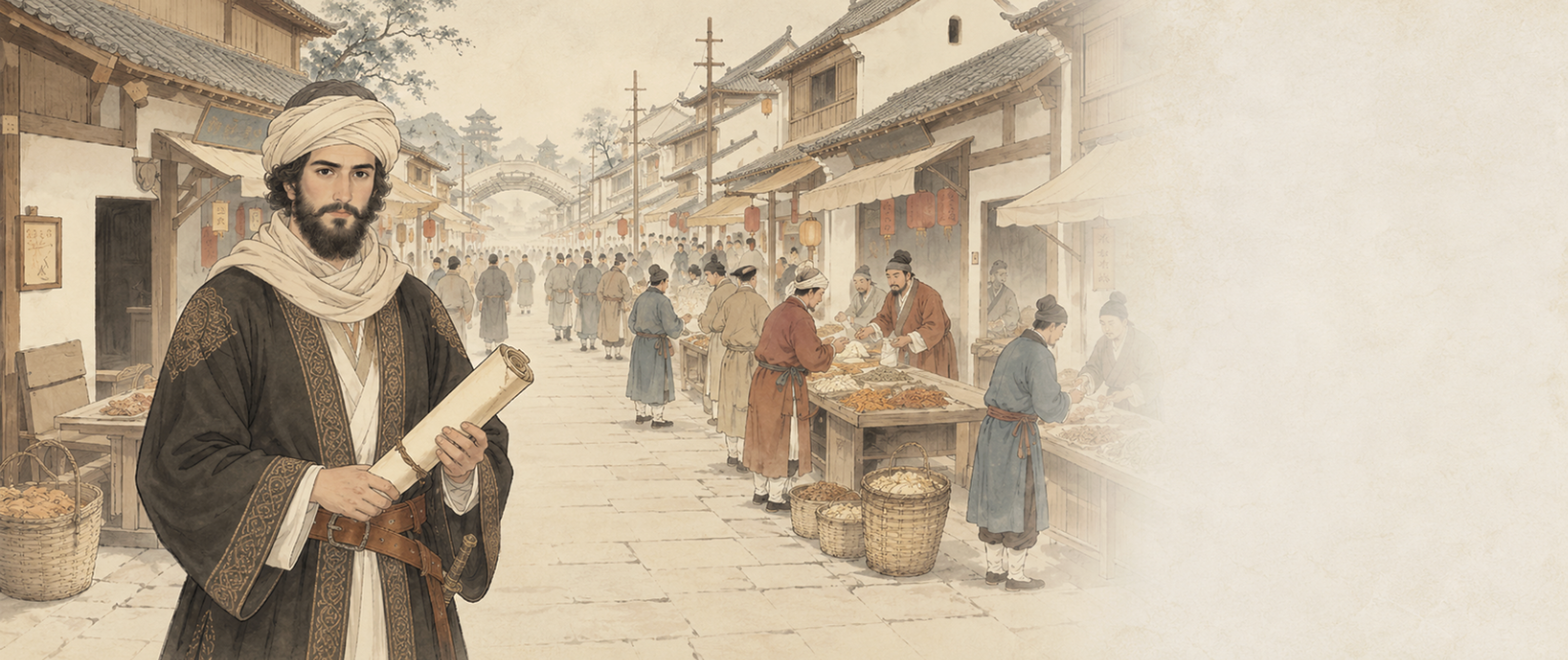 Amir holding a folded trade order in a Bianjing market