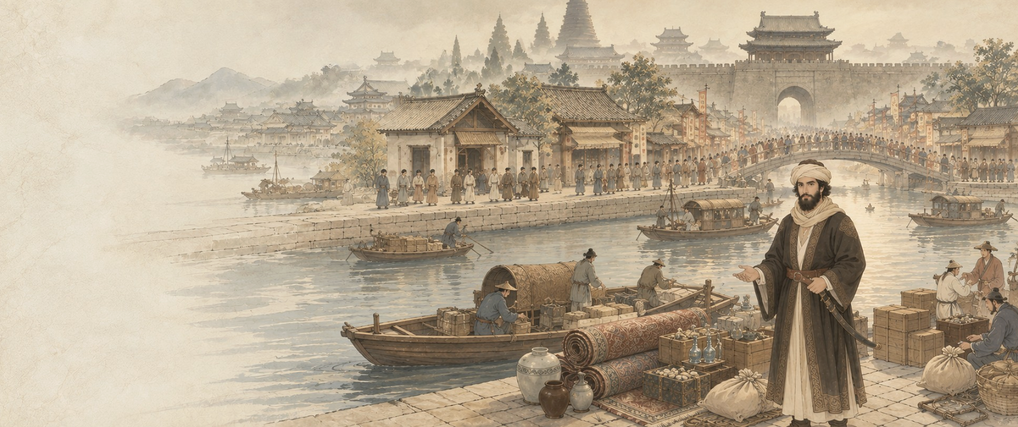 Amir arrives at the city of Bianjing, with its canals and gates