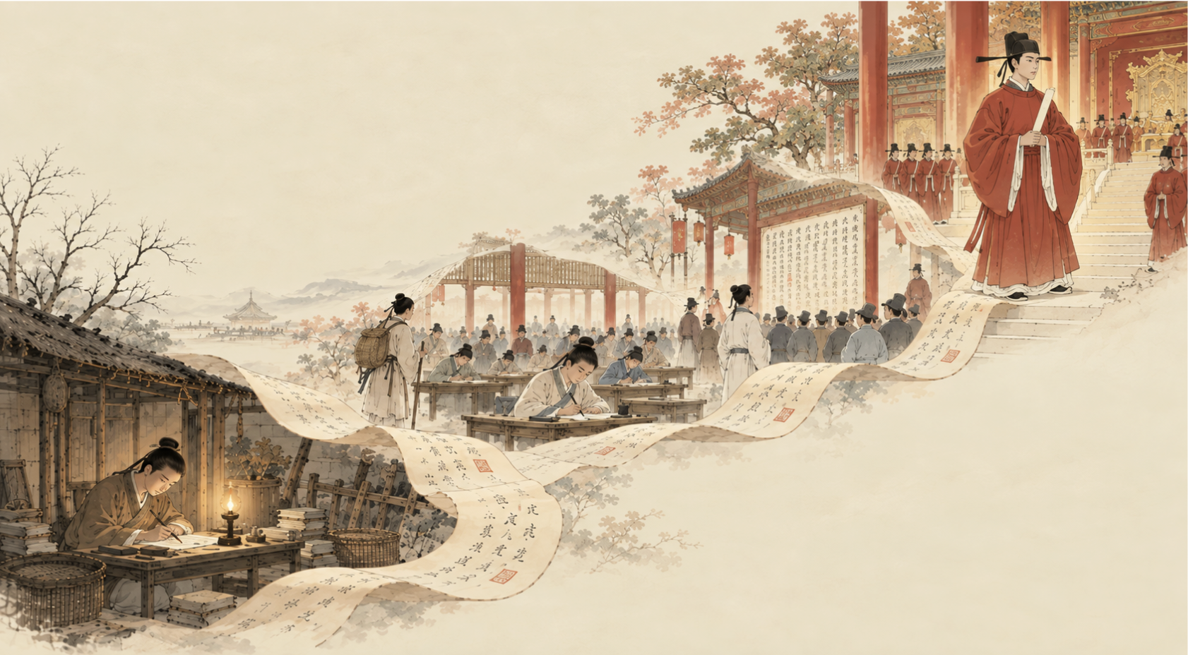 Chen studying by lamplight on the left, becoming a court official on the right, with a scroll path linking the two
