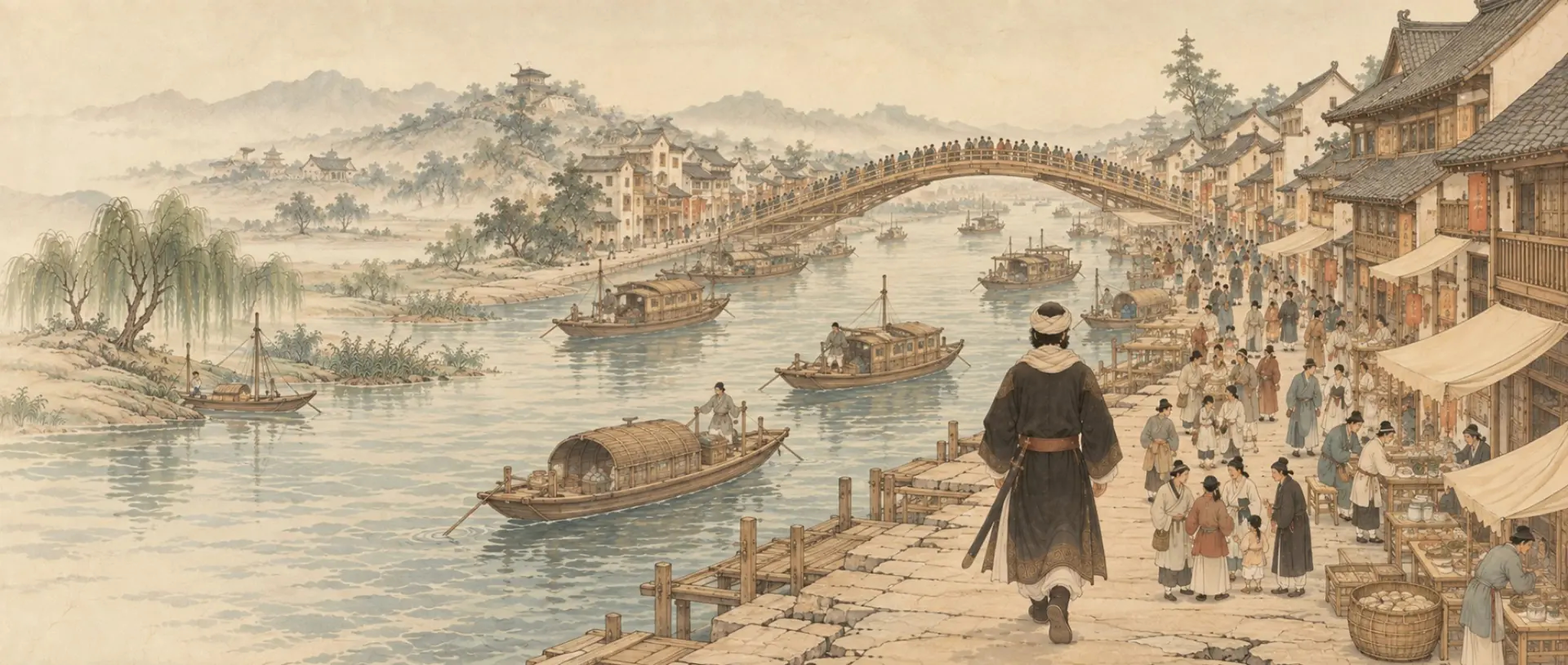 Amir walking toward Rainbow Bridge along the Bian River