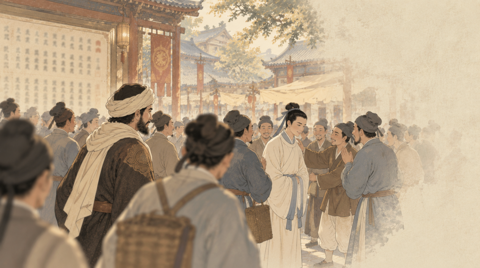 A young scholar stands at the center of the crowd as townspeople congratulate him