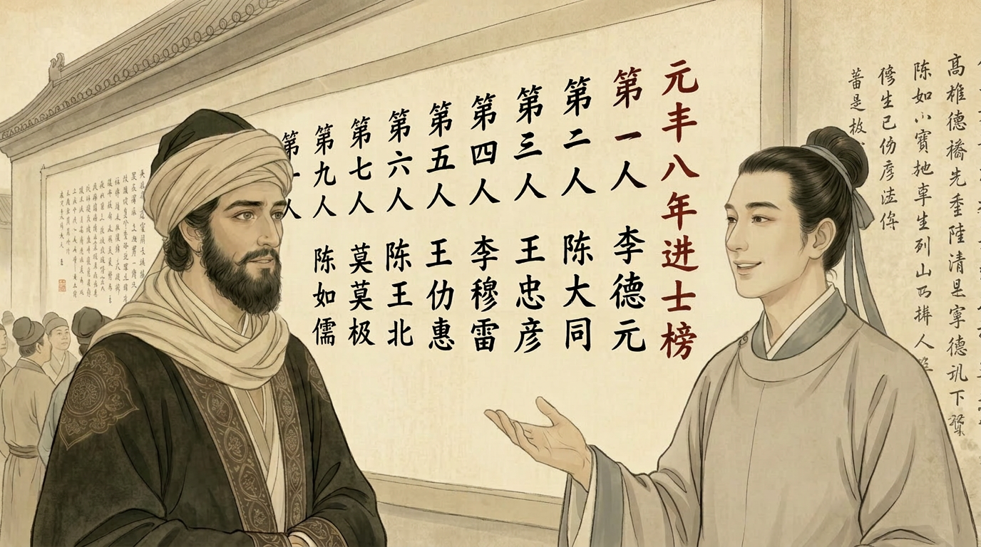 The imperial examination list with highlighted names while Amir and Chen stand before it