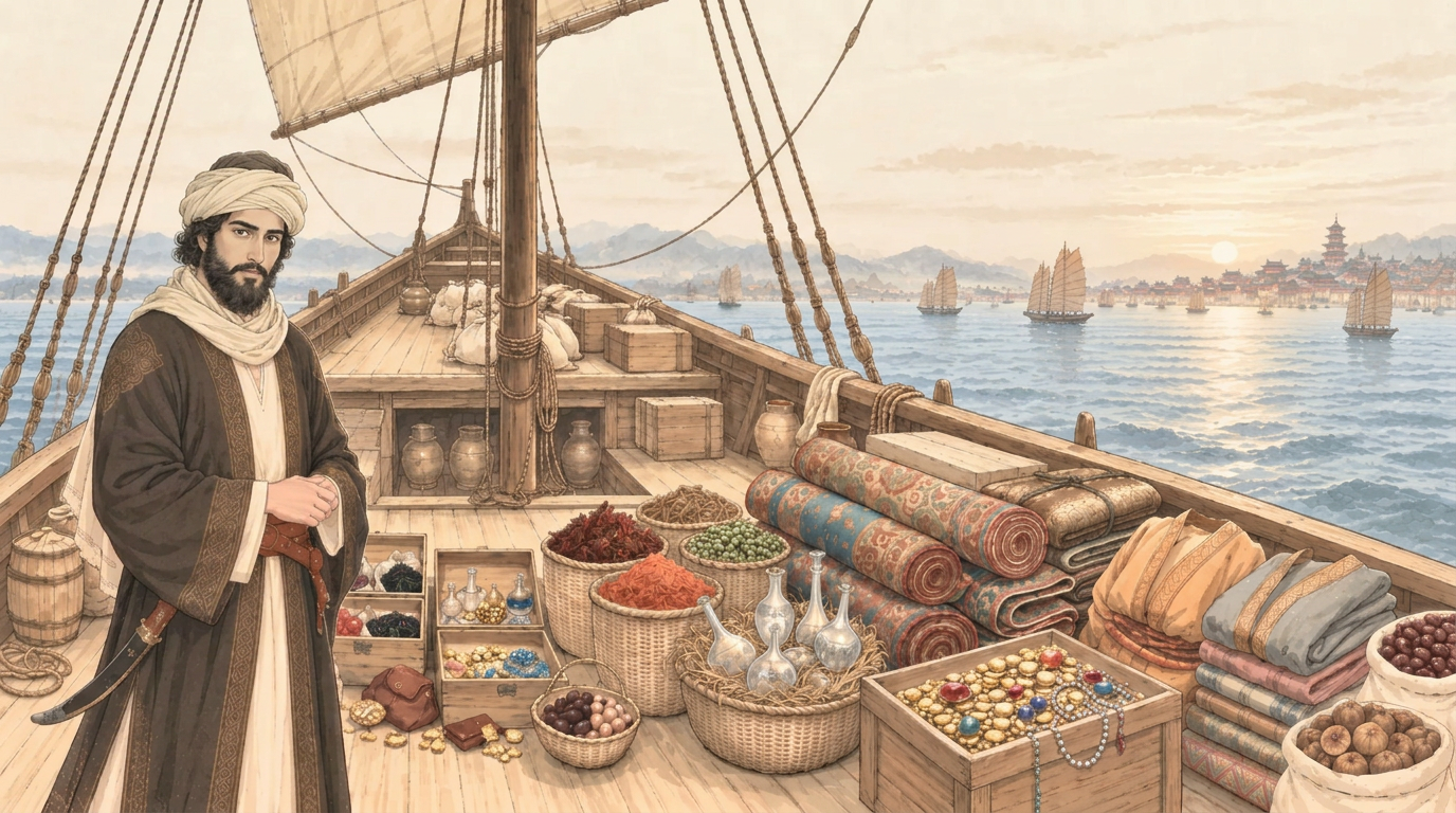 Amir, a Persian merchant, on a ship deck laden with goods, sailing toward China